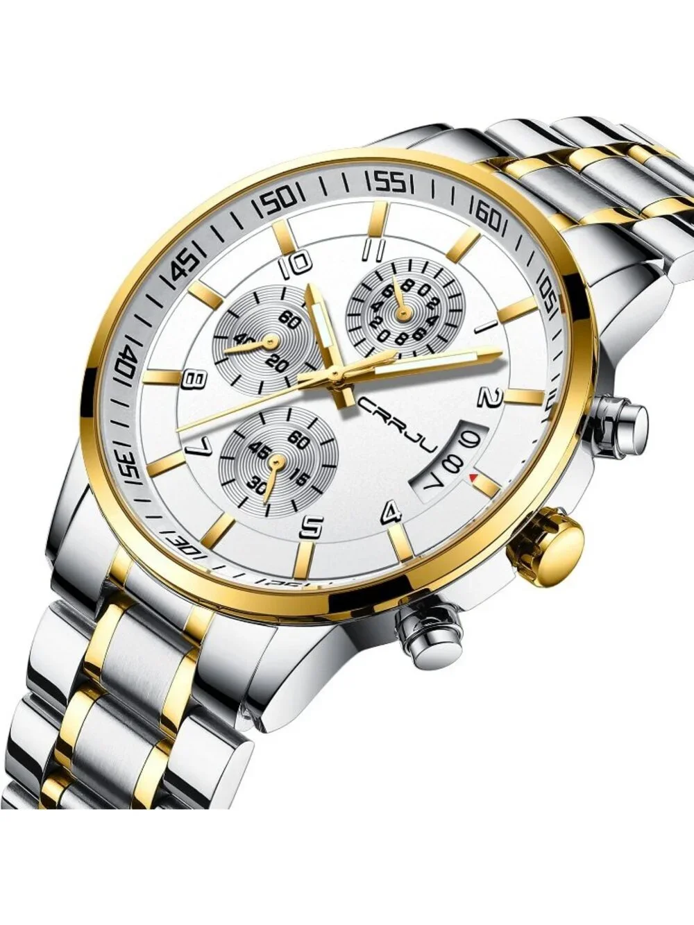 Mens Silver And White Analog Stainless Steel Waterproof Chronograph Wrist Watch